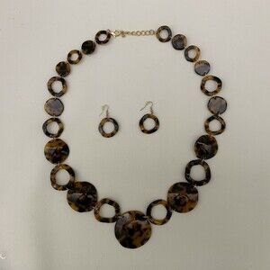 Animal Print Necklace & Earrings Set Brown Black Links Costume Jewelry Adjustabl